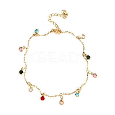 Bohemian Brass & Colorful Glass Flat Round Tassel Anklets AJEW-Z046-02G-1