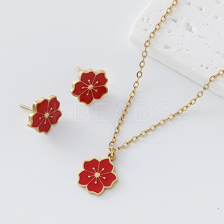 304 Stainless Steel Enamel Flower Pendant Necklace & Stud Earrings Set for Women BR4315-6-1