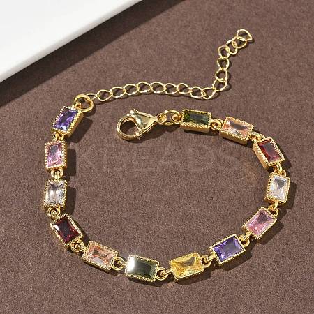 Rectangle Brass Pave Cubic Zirconia Link Chain Bracelets for Women BJEW-P385-05G-1
