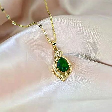 Alloy Crystal Rhonestone and Green Glass Teardrop Pendants Necklaces for Women FS-WG0BC64-01-1