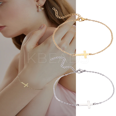 2Pcs 2 Colors 201 Stainless Steel Cable Chains Bracelets for Women Men BJEW-LP0001-46-1