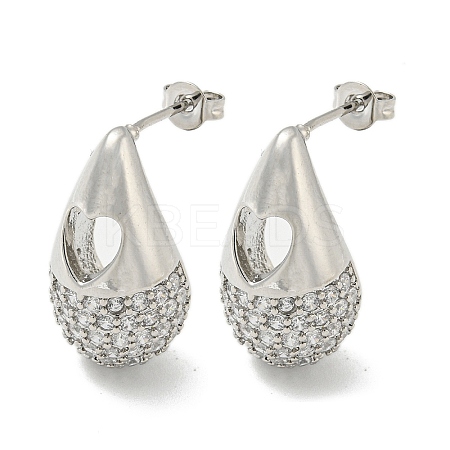 Teardrop with Heart Rack Plating Brass Stud Earrings with Cubic Zirconia EJEW-Z035-06P-1