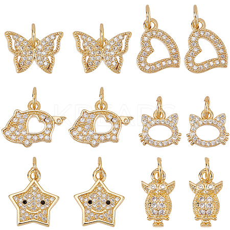 Fingerinspire 12Pcs 6 Style Brass Micro Pave Clear Cubic Zirconia Charms ZIRC-FG0001-04-1