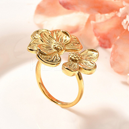 Flower 201 Stainless Steel Open Cuff Ring for Women LS-RJEW-A053-02I-G-1
