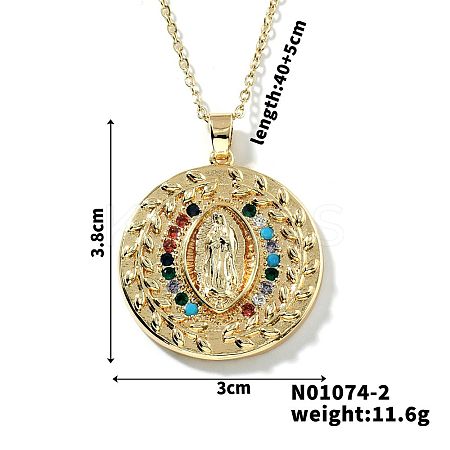 Brass Pave Cubic zirconia Flat Round with Virgin Mary Pendant Necklaces MI1997-2-1