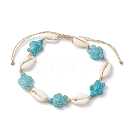 Natural Mixed Cowrie Shell with Synthetic Turquoise Beaded Anklets AJEW-AN00596-02-1