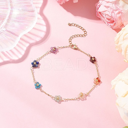 Chakra 304 Stainless Steel & Brass & Natural Green Aventurinee/Garnet/Amethyst/Apatite/Gold Rutilated Quartz/Carnelian/Lapis Lazuli Bead Flower Link Chain Anklets for Women AJEW-AN00692-1