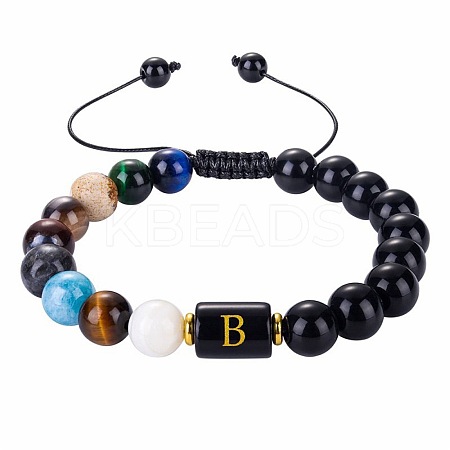 10MM Natural Black Obsidian Alphabet Beaded Braided Bracelets TO2319-2-1