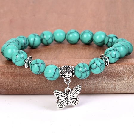 8MM Round Dyed Synthetic Turquoise Beaded Stretch Bracelets with Alloy Butterfly Charms FQ7211-14-1