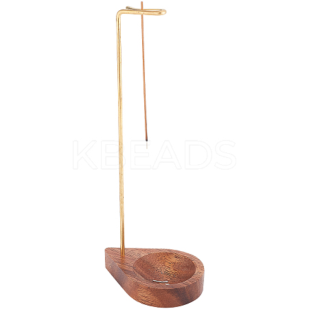 Brass Reverse Style Incense Burner Holder with Wood Teardrop Ash Catcher Tray AJEW-WH0258-702-1