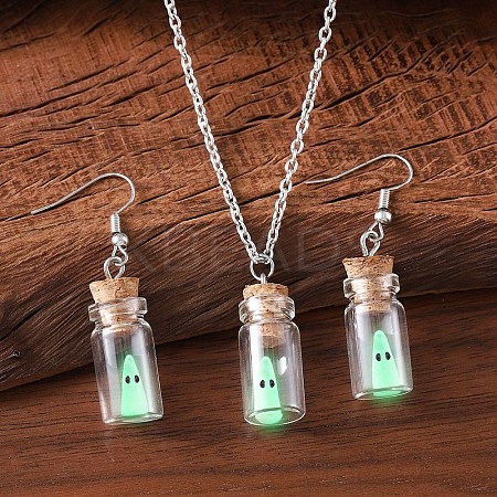 Halloween Luminous Ghost Glass Drift Bottle Pendant Necklaces & Dangle Earrings Sets FS-WG90D60-01-1