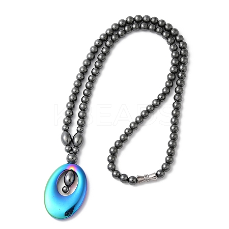 Synthetic Non-magnetic Hematite Oval Pendant Necklace with Round Beaded Chains NJEW-R259-02-1