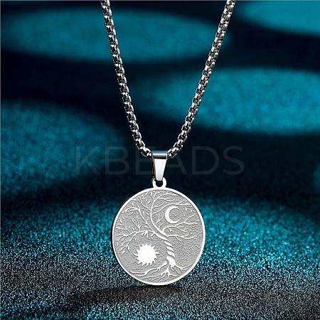 Stainless Steel Viking Moon Sun Tree of Life Flat Round Pendant Box Chain Necklaces LS-PW-WG93B99-01-1