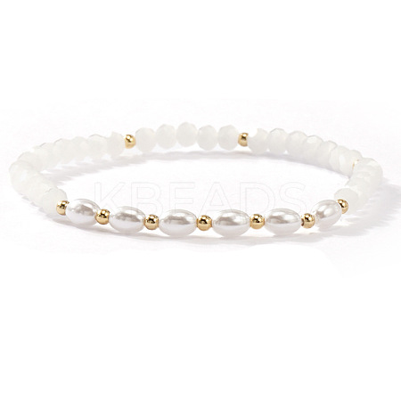 Fashion Natural Freshwater Pearl & Brass & Glass Beaded Stretch Bracelets for Women SF7008-3-1