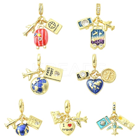 7Pcs 7 Styles Brass Enamel Airplane European Dangle Charms KK-CJ0004-10-1