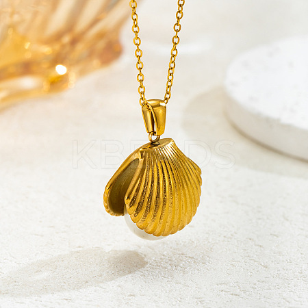 Shell Shape 304 Stainless Steel with Plastic Pearl Pendant Necklaces FS-WG3C29E-01-1