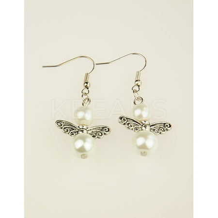 Trendy Glass Pearl Fairy Wing Dangle Earrings EJEW-JE00290-01-1
