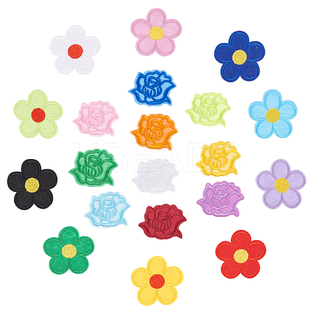 40Pcs 20 Styles Rose Shape & 5-Petal Flower Computerized Embroidery Cloth Iron on/Sew on Patches DIY-AR0003-12-1
