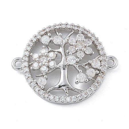 Rack Plating Brass Clear Cubic Zirconia Flat Round with Tree Connector Charms KK-A234-033P-1