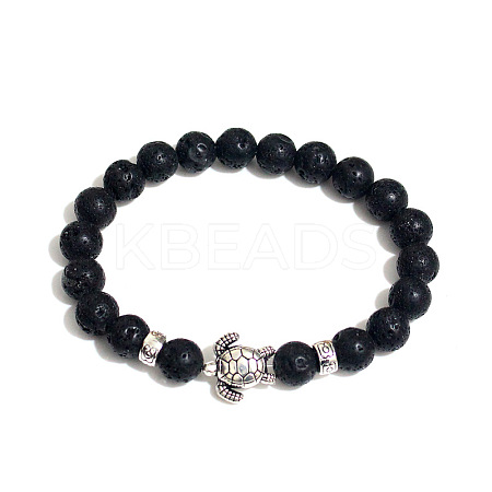 Natural Lava Rock Round Beaded Stretch Bracelet with Turtle UL4697-4-1
