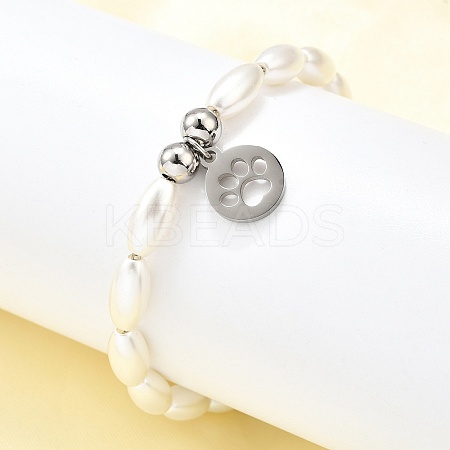 304 Stainless Steel Flat Round with Paw Print Charm Bracelets for Women BJEW-C098-11P-1