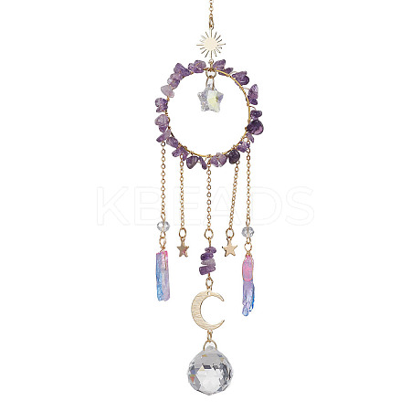 Natural Amethyst Chip Pendant Decorations with Brass Moon & Cable Chain & Electroplated Quartz Crystal Tassel HJEW-JM01650-03-1