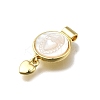 Brass Pave Natural White Shell Flat Round with Heart Pendants KK-C090-37G-05-3