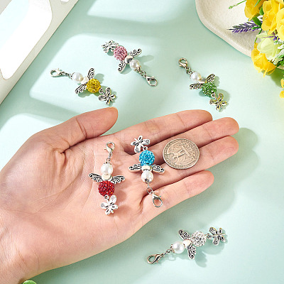 6Pcs 6 Colors Angel & Butterfly Alloy Beaded & Polymer Clay Pave Rhinestone Beaded Pendant Decoration HJEW-TA00339-1