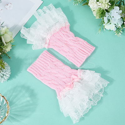 Bowknot Cotton Womens Knitting Floral Lace Wrist Cuffs For Wedding Party AJEW-WH20060-34A-1