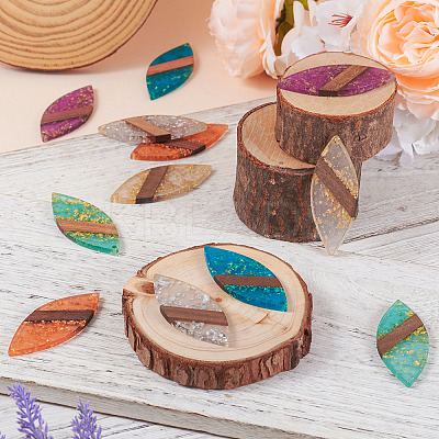 12Pcs 6 Colors Transparent Resin & Walnut Wood Big Pendants WOOD-TA0002-46-1