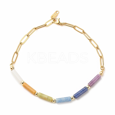 Natural Mixed Gemstone Column Beaded Anklet with Brass Paperclip Chains for Women AJEW-AN00494-1