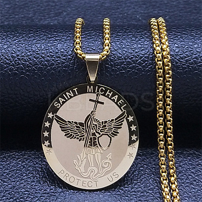 201 Stainless Steel Archangel Saint Michael Medal Pendant Box Chain Necklaces for Women NJEW-S440-01G-1