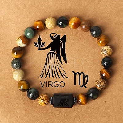 12 Constellations Natural Tiger Eye & Picture Jasper Round Beaded Stretch Bracelets for Men Women WG21EC3-02-1