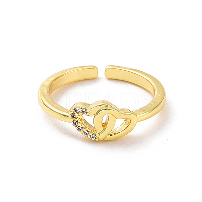 Clear Cubic Zirconia Interlocking Heart Open Cuff Ring RJEW-H127-08G-1