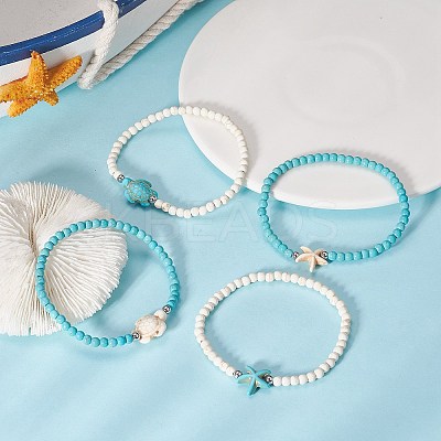 4Pcs 4 Style Dyed Synthetic Turquoise Starfish & Turtle Beaded Stretch Bracelets Set for Women BJEW-JB09338-1