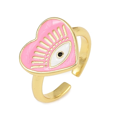 Pink Color Enamel Heart with Eye Open Cuff Ring RJEW-F135-08G-1