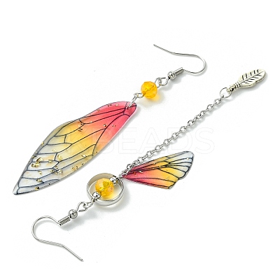 4 Set 4 Color Resin Wing with Feather Asymmetrical Earrings EJEW-TA00175-1