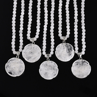 Natural Quartz Crystal 4.5mm Round Beaded Rock Crystal Flower Pendant Necklaces NJEW-T016-04P-1