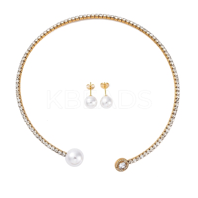 Round Plastic Imitation Pearl Stud Earrings & Cubic Zirconia and Rhinestone Cuff Choker Necklaces Sets SJEW-U003-03G-1