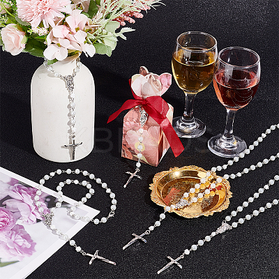 Glass Pearl & Resin Rose Rosary Bead Necklace NJEW-PH01478-1