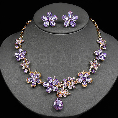 Flower & Teardrop Alloy Glass Stud Earring & Pendant Necklaces Sets for Women FS-WG5A09D-04-1
