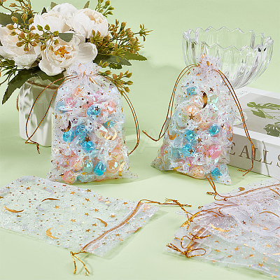 50Pcs Gold Stamping Moon & Star Organza Drawstring Gift Storage Bags OP-BBC0001-03B-01-1