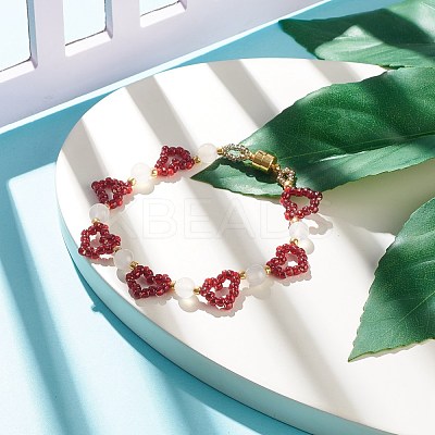 Glass Seed & Natural Agate Beaded Bracelet with Brass Magnetic Clasp BJEW-JB07803-01-1