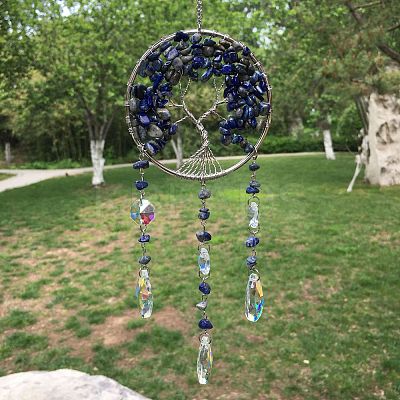 Metal Wire Wrapped Natural Lapis Lazuli Chips Flat Round with Tree of Life Pendant Decorations. Hanging Suncatchers TREE-PW0003-11G-1