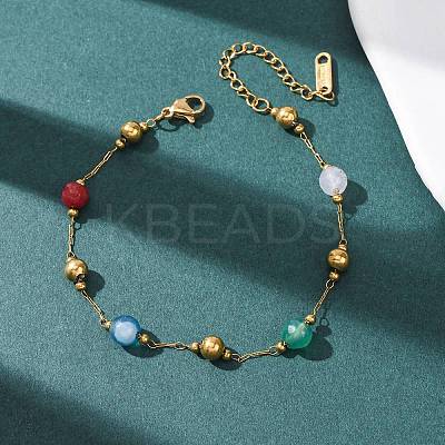 Natural Agate & Dyed Jade Round Beaded Link Bracelets BJEW-G774-02G-1