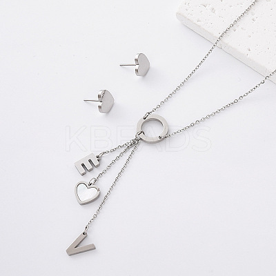 304 Stainless Steel Stud Heart Earrings & Letter VE Tassel Necklaces Sets for Women ZF6190-5-1