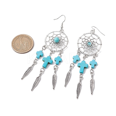 Cross Synthetic Turquoise Dangle Earrings EJEW-JE06330-01-1
