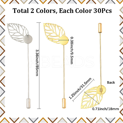 40Pcs 2 Styles Leaf Stainless Steel Round Tray Stick Lapel Pins JEWB-SC0001-75D-1