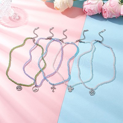 Stainless Steel Pendant Electroplate Glass Faceted Rondelle Beaded Necklaces NJEW-JN05530-1