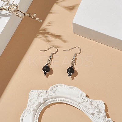 Synthetic Black Stone & Glass Round Beaded Dangle Earrings EJEW-JE05163-1